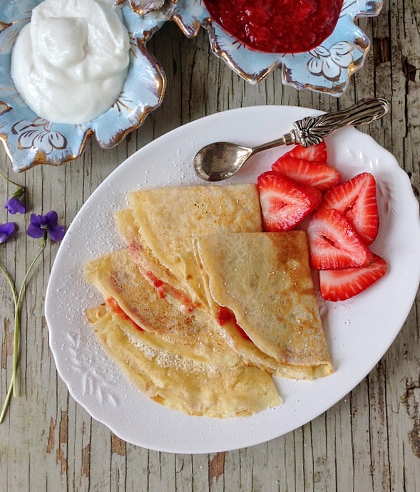 Peanut Butter Crepes with Strawberry Sauce via LizsHealthyTable.com