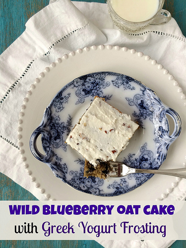 Wild Blueberry Oat Cake with Greek Yogurt Frosting via LizsHealthyTable.com Wild Blueberry Oat Cake with Greek Yogurt Frosting via LizsHealthyTable.com