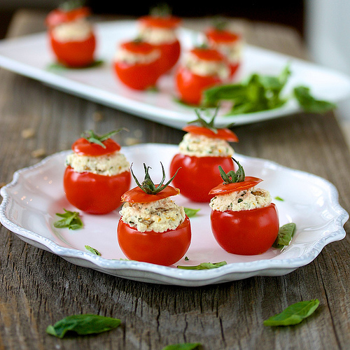 Chicken Salad Tomato Bites via LizsHealthyTable.com Chicken Salad Tomato Bites via LizsHealthyTable.com
