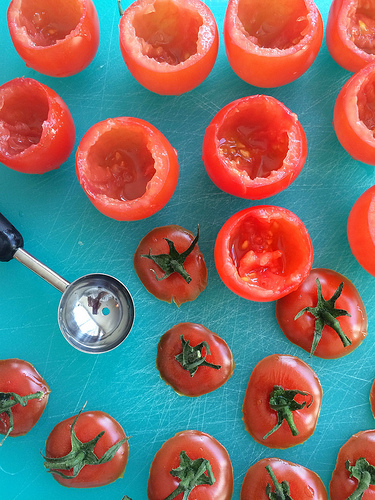 Hallowed Tomatoes via LizsHealthyTable.com Chicken Salad Tomato Bites via LizsHealthyTable.com
