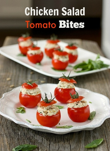 Chicken Salad Tomato Bites via LizsHealthyTable.com Chicken Salad Tomato Bites via LizsHealthyTable.com
