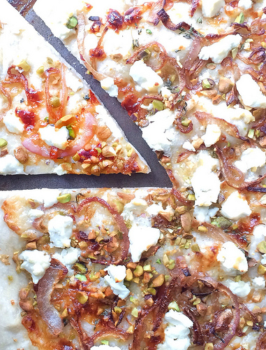 Goat Cheese Pistachio Pizza via LizsHealthyTable.com Goat Cheese Pistachio Pizza via LizsHealthyTable.com