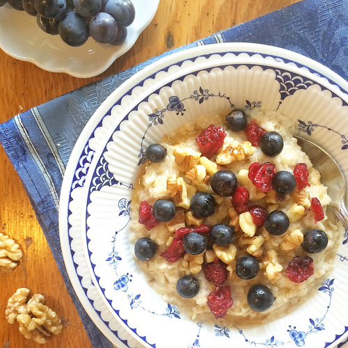 Morning Oats with Concord Grapes, Walnuts, and Dried Cranberries via LizsHealthyTable.com