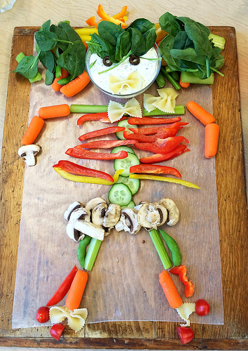 Rainbow Vegetable Dip + How to Make a Halloween Vegetable Skeleton via LizsHealthyTable.com