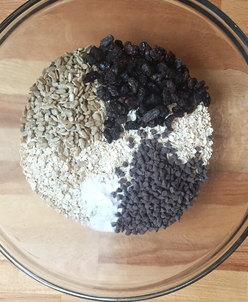 Dry Ingredients via LizsHealthyTable.com Peanut Butter Raisin Bars via LizsHealthyTable.com