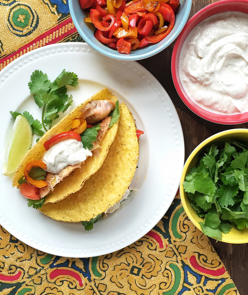 Smoky Salmon Tacos with Greek Yogurt Sauce via LizsHealthyTable.com Smoky Salmon Tacos with Greek Yogurt Sauce via LizsHealthyTable.com