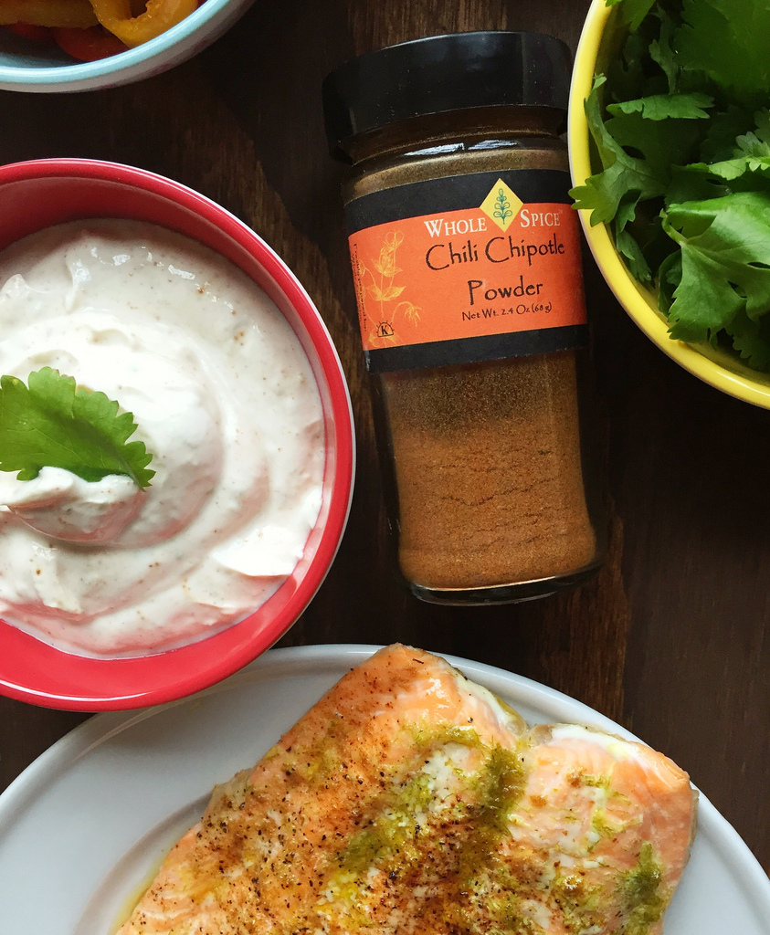 Smoky Salmon Tacos with Greek Yogurt Sauce via LizsHealthyTable.com Smoky Salmon Tacos with Greek Yogurt Sauce via LizsHealthyTable.com