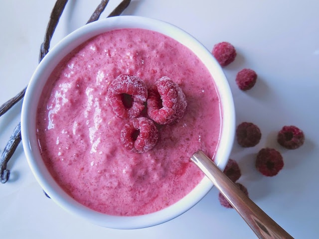 Very Vanilla Bean Raspberry Chia Pudding via LizsHealthyTable.com