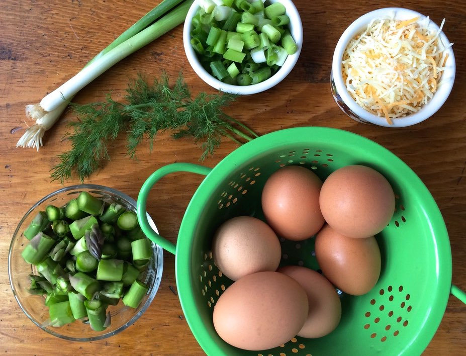 Eggy Asparagus Omelet Pie Ingredients via LizsHealthyTable.com Eggy Asparagus Omelet Pie Ingredients via LizsHealthyTable.com