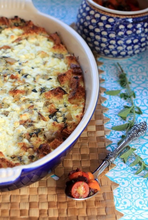 Spinach, Artichoke, & Feta Strata with Greek Salsa via LizsHealthyTable.com