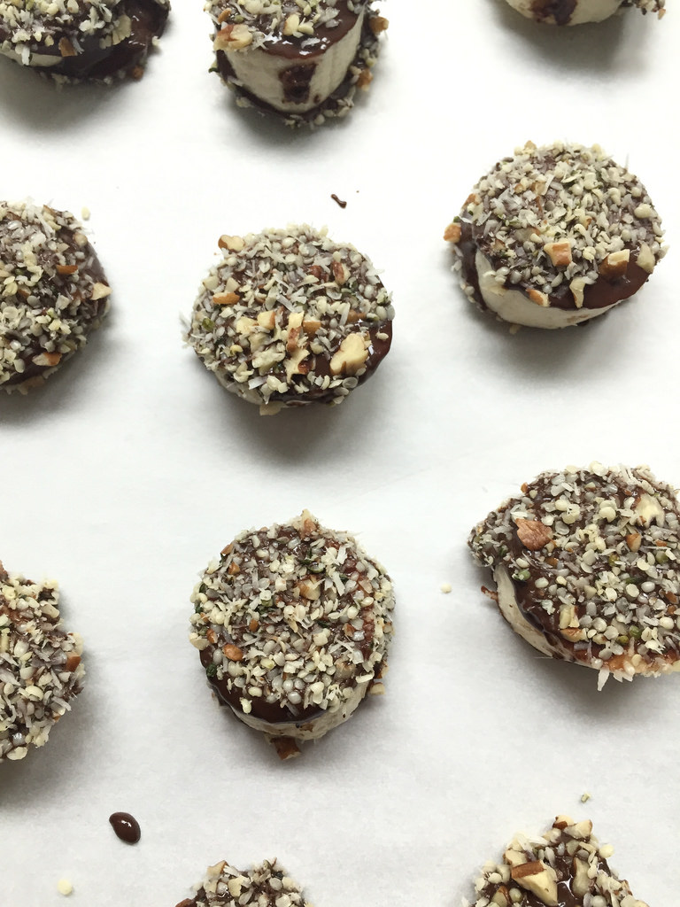 Frozen Chocolate-and-Hemp-Smothered Banana Bites via LizsHealthyTable.com