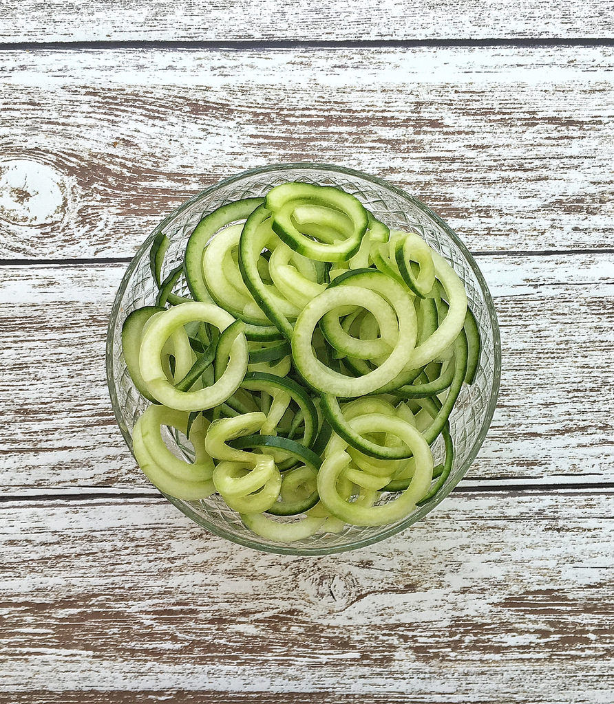 Spiralized Cucumber via LizsHealthyTable.com Spiralized Cucumber and Carrot Noodle Salad via LizsHealthyTable.com