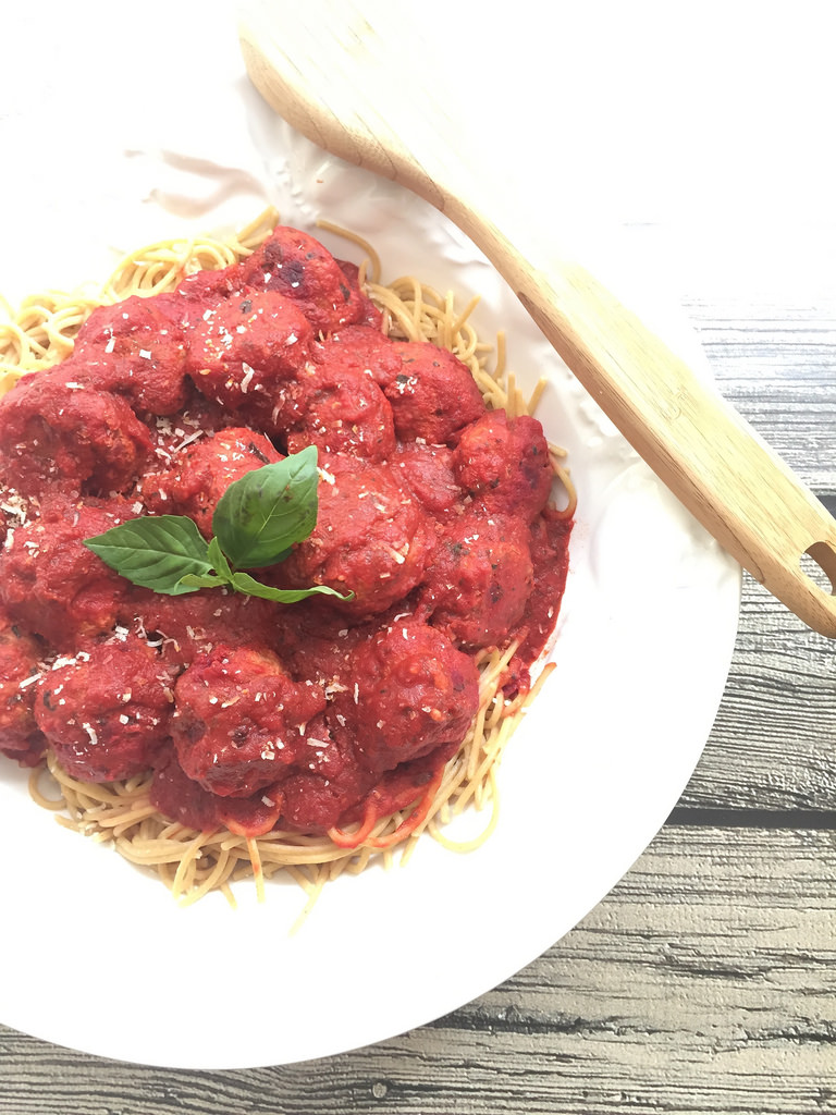 Turkey Beetballs and Spaghetti + How to Roast Beets via LizsHealthyTable.com