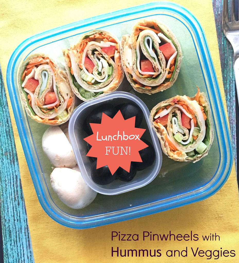 Pizza Pinwheels with Hummus and Veggies via LizsHealthyTable.com