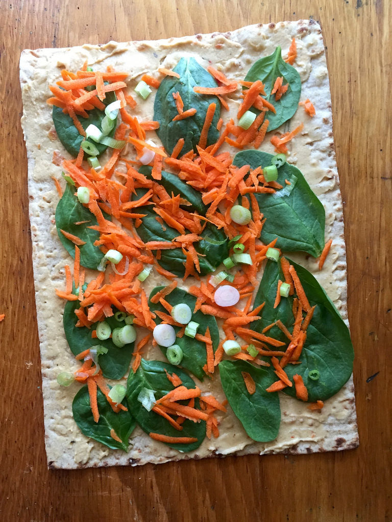 Pizza Pinwheels with Hummus and Veggies via LizsHealthyTable.com