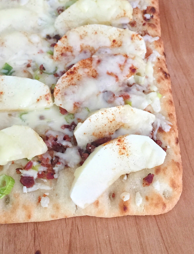 Apple, Bacon and Maple Syrup Flatbread Pizza via LizsHealthyTable.com