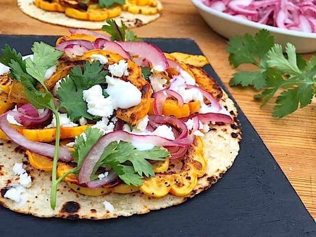Roasted Winter Squash Tacos with Quick Pickled Onions via LizsHealthyTable.com Roasted Winter Squash Tacos with Quick Pickled Onions via LizsHealthyTable.com