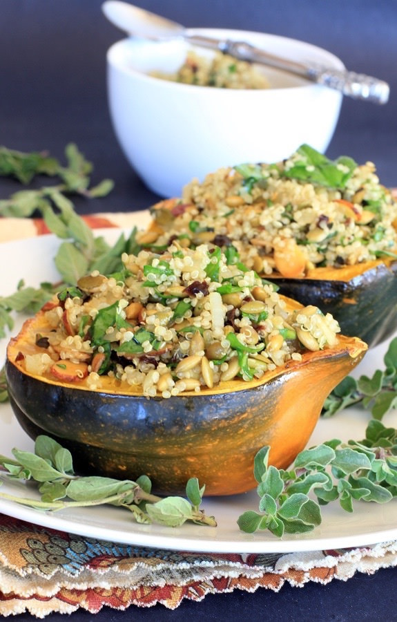 Acorn Squash Stuffed with Pumpkin Seed and Cherry Quinoa Pilaf from EA Stewart Spicy RD via LizsHealthyTable.com Acorn Squash Stuffed with Pumpkin Seed and Cherry Quinoa Pilaf from EA Stewart Spicy RD via LizsHealthyTable.com