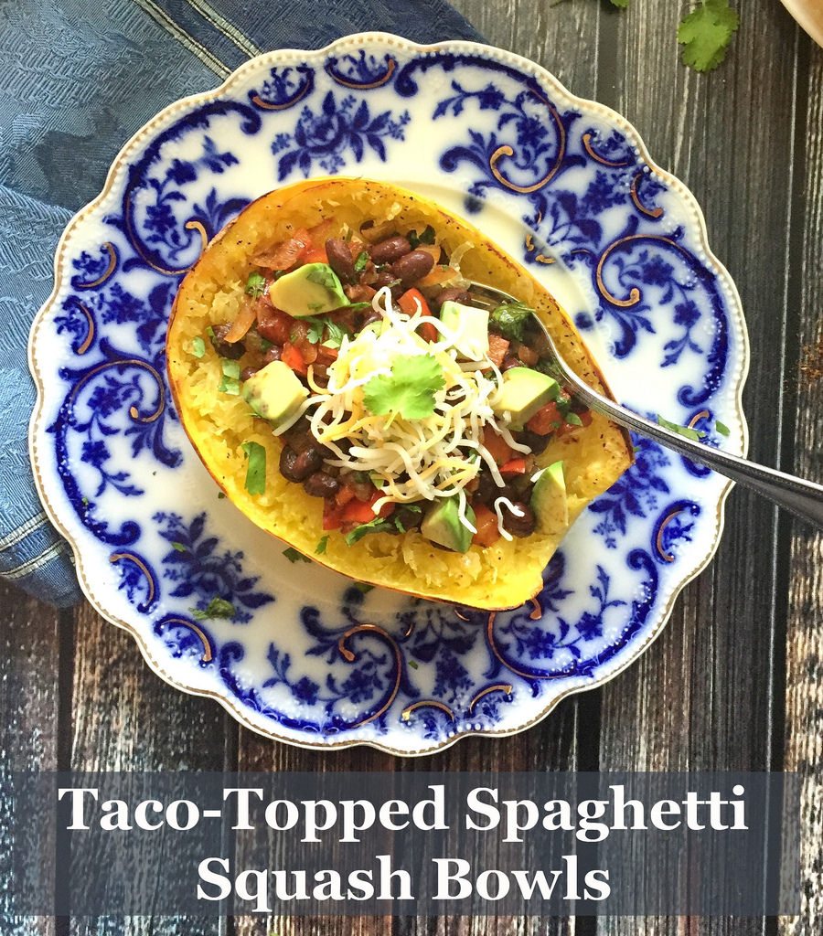 Taco-Topped Spaghetti Squash Bowls via LizsHealthyTable.com