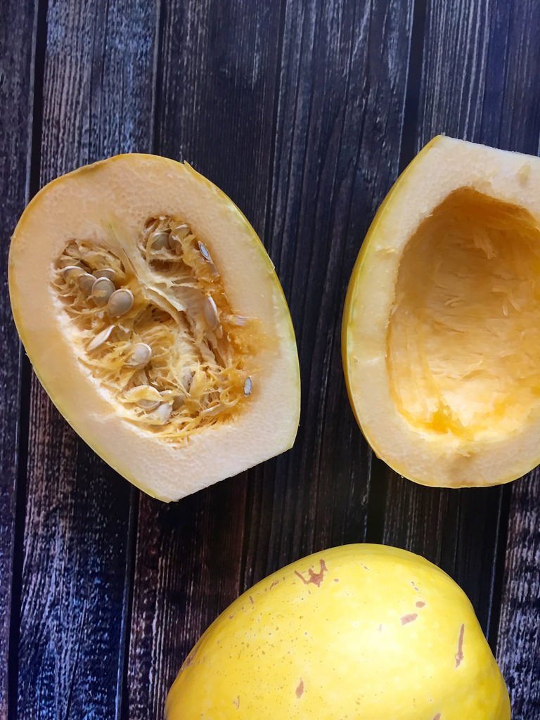 Cut Spaghetti Squash via LizsHealthyTable.com