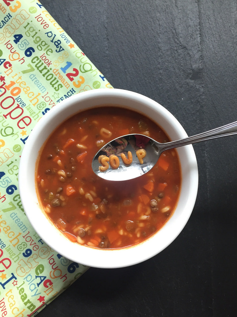 Lentil Alphabet Soup via LizsHealthyTable.com