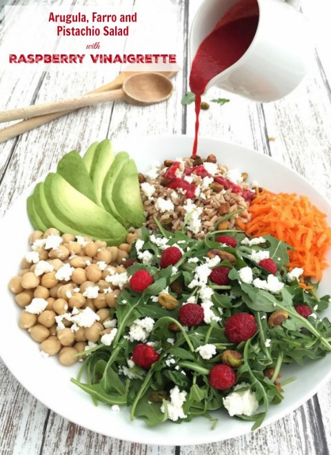 Arugula, Farro and Pistachio Salad with Raspberry Vinaigrette via LizsHealthyTable.com Arugula, Farro and Pistachio Salad with Raspberry Vinaigrette via LizsHealthyTable.com
