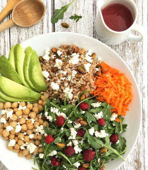 Arugula, Farro and Pistachio Salad with Raspberry Vinaigrette via LizsHealthyTable.com Arugula, Farro and Pistachio Salad with Raspberry Vinaigrette via LizsHealthyTable.com