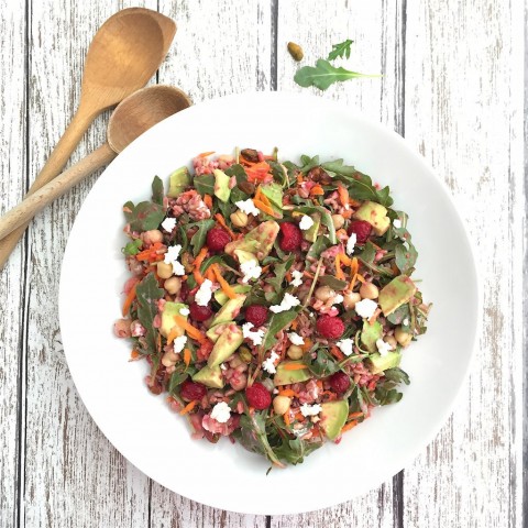 Arugula, Farro and Pistachio Salad with Raspberry Vinaigrette via LizsHealthyTable.com Arugula, Farro and Pistachio Salad with Raspberry Vinaigrette via LizsHealthyTable.com