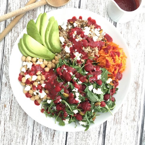 Arugula, Farro and Pistachio Salad with Raspberry Vinaigrette via LizsHealthyTable.com Arugula, Farro and Pistachio Salad with Raspberry Vinaigrette via LizsHealthyTable.com
