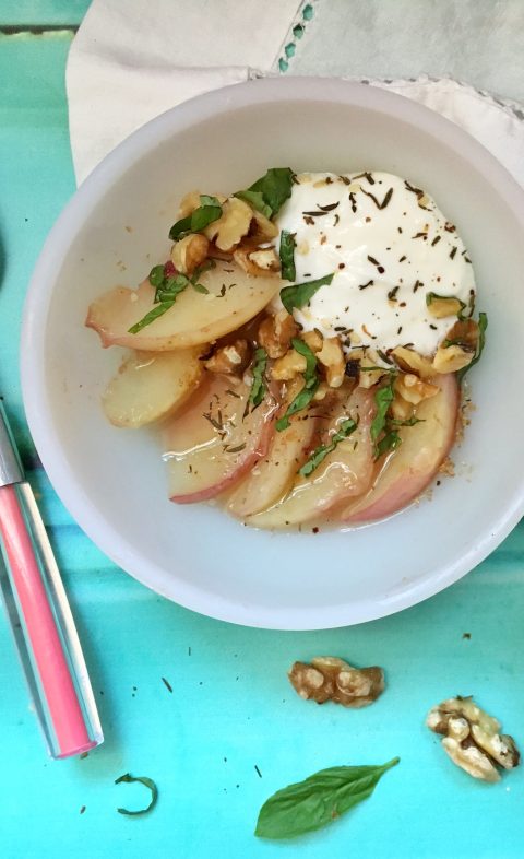 Sautéed Peaches with Walnuts, Coconut Yogurt, and Basil Za'atar Dust via LizsHealthyTable.com