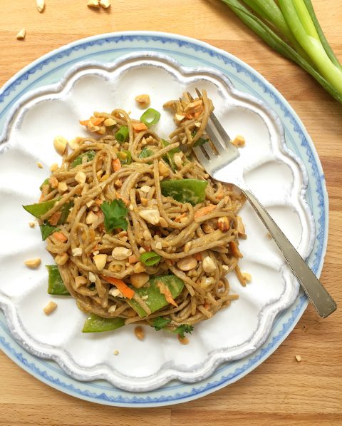 Soba Noodles with Peanuts, Carrots, and Snow Peas via LizsHealthyTable.com