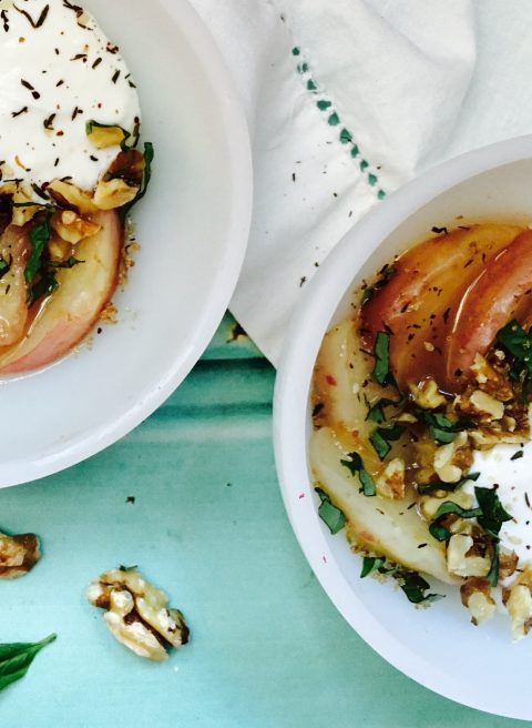 Sautéed Peaches with Walnuts, Coconut Yogurt, and Basil Za'atar Dust via LizsHealthyTable.com