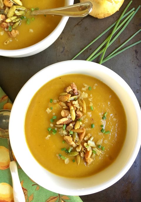 Autumn's Best Butternut Squash, Apple, and Pear Soup via LizsHealthyTable.com