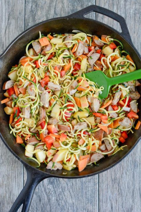 Chicken Sausage Skillet with Zoodles via TheLeanGreenBean.com