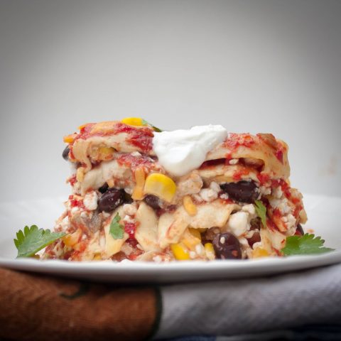 Slow Cooker Mexican Lasagna with Chicken from Serena at Teaspoon of Spice via LizsHealthyTable.com