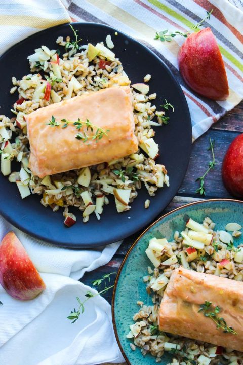 30 Minute Honey Dijon Salmon with Apple Farro from Jamie at Dishing out the Health via LizsHealthyTable.com