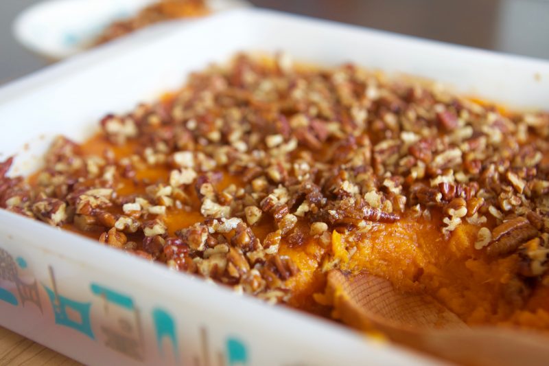 Pecan Topped, Slightly-Sweet Sweet Potato Casserole via LizsHealthyTable.com #thanksgiving