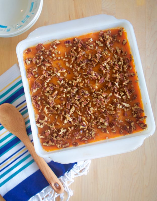 Pecan Topped, Slightly-Sweet Sweet Potato Casserole via LizsHealthyTable.com #thanksgiving