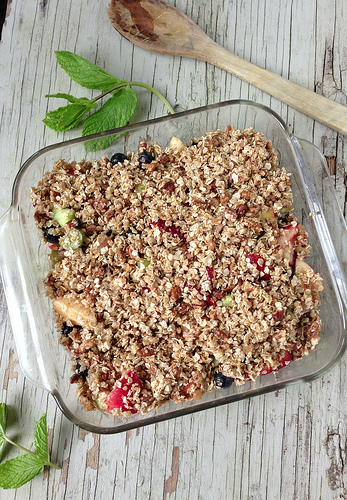 Apple Rhubarb and Berry Crisp via LizsHealthyTable.com