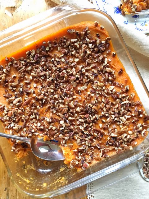 Pecan Topped, Slightly-Sweet Sweet Potato Casserole via LizsHealthyTable.com Pecan-Topped, Slightly-Sweet Sweet Potato Casserole via LizsHealthyTable.com