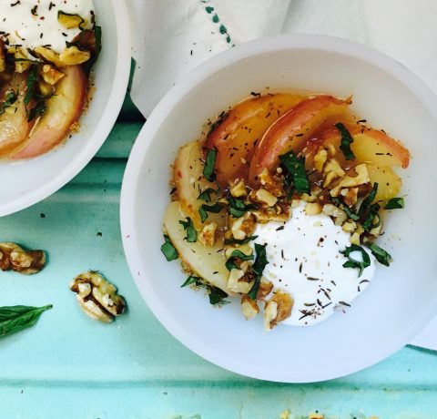 Sautéed Peaches with Walnuts, Coconut Yogurt, and Basil Za'atar Dust via LizsHealthyTable.com