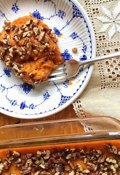 Pecan Topped, Slightly-Sweet Sweet Potato Casserole via LizsHealthyTable.com Pecan-Topped, Slightly-Sweet Sweet Potato Casserole via LizsHealthyTable.com