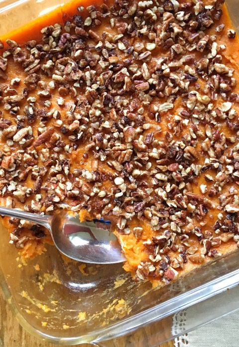 Pecan Topped, Slightly-Sweet Sweet Potato Casserole via LizsHealthyTable.com Pecan-Topped, Slightly-Sweet Sweet Potato Casserole via LizsHealthyTable.com