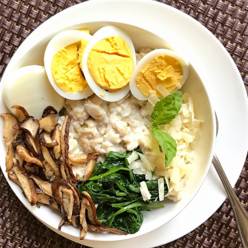 Savory Oats with Shitake Mushrooms, Baby Spinach, and Eggs via LizsHealthyTable.com #breakfast