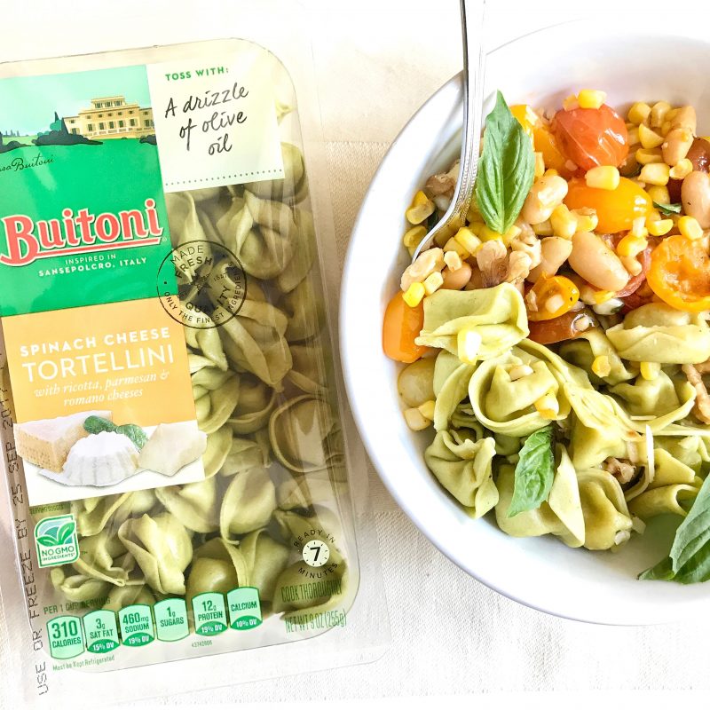 Tortellini topped with vegetables via LizsHealthyTable.com