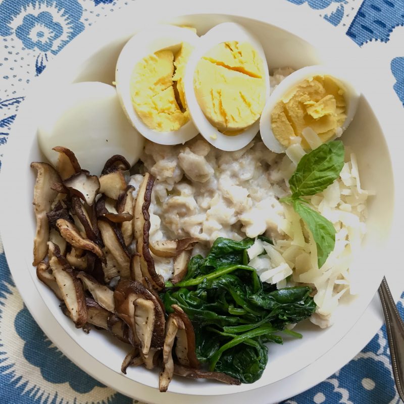 Savory Oats with Shitake Mushrooms, Baby Spinach, and Eggs via LizsHealthyTable.com #breakfast