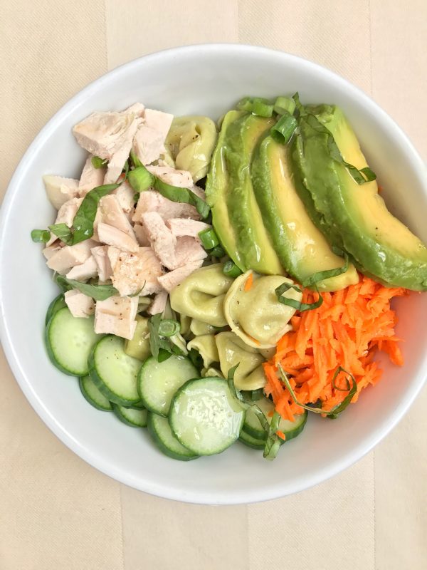 Tortellini topped with vegetables and shrimp via LizsHealthyTable.com