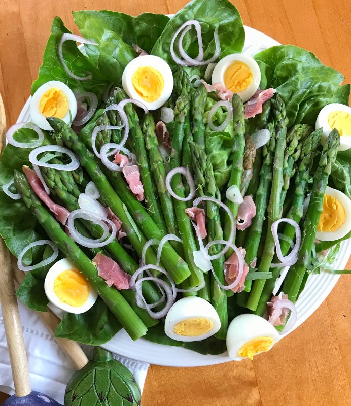 Asparagus Salad with Eggs and Prosciutto via LizsHealthyTable.com #podcast