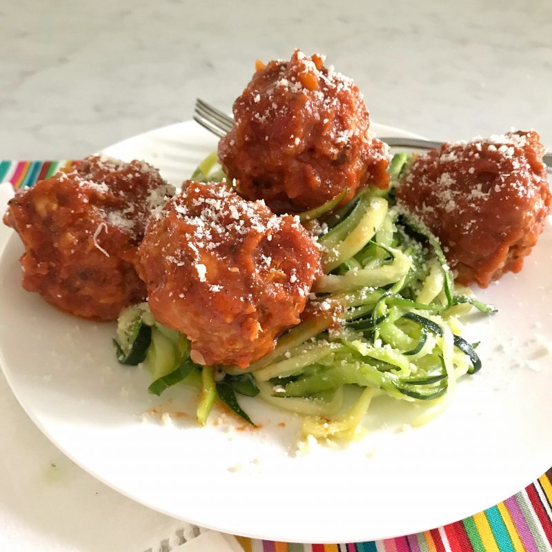 Zucchini Linguini with Meatballs via LizsHealthyTable.com #podcast #turkey