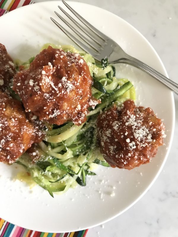 Zucchini linguini with turkey meatballs via LizsHealthyTable.com 